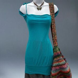 Y2K Teal Cowl Neck Off Shoulder Top M Guess Jeans Modal Jersey Knit